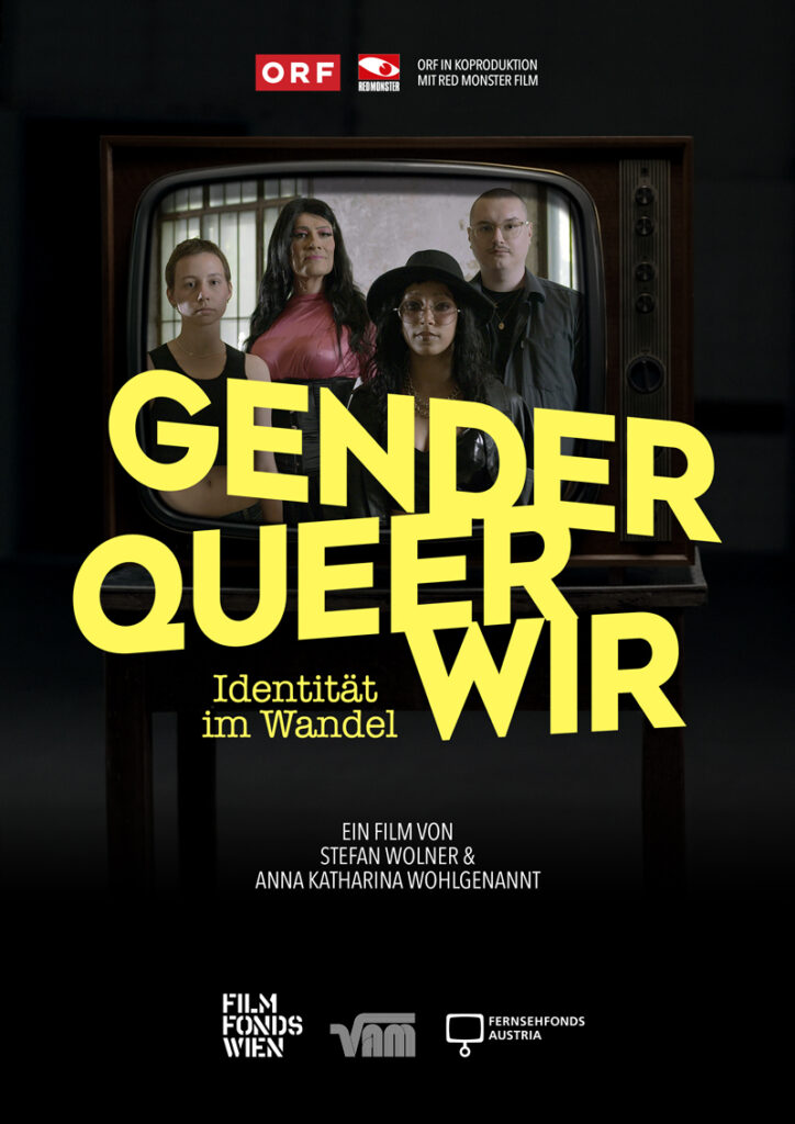 Das Filmplakat. Gender, Queer, Us – Identity in Transition. Im Hintergrund sind man 4 Personen unterschiedlicher Herkunft und Klasse.